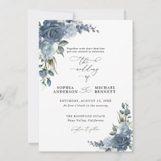 Elegant Dusty Blue Floral Wedding Invitation Einladung