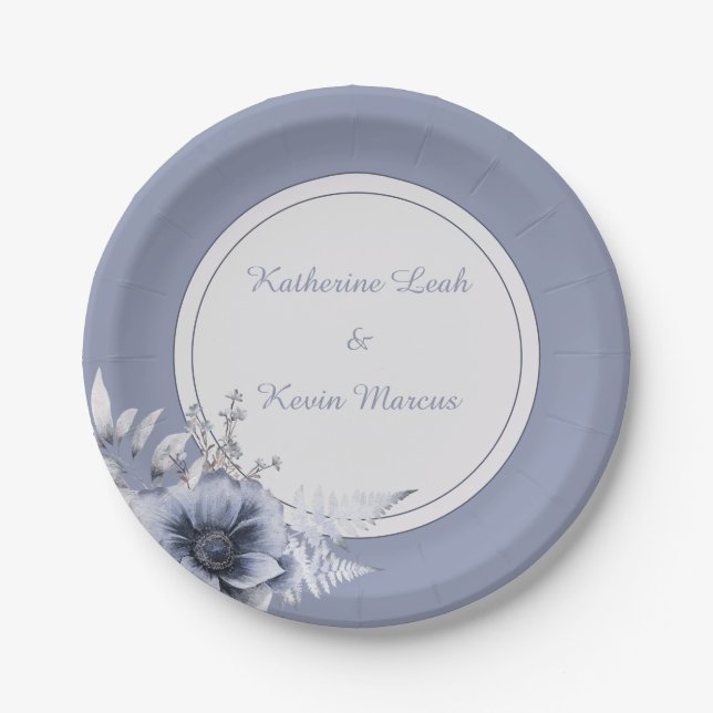 Elegant Dusty Blue Floral Wedding Pappteller (Vorderseite)