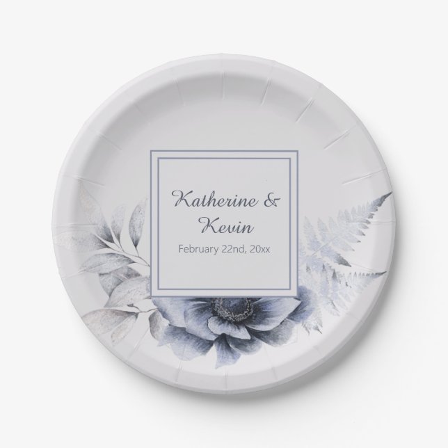 Elegant Dusty Blue Floral Wedding Pappteller (Vorderseite)