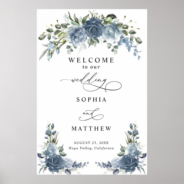 Elegant Dusty blue Floral Wedding Poster (Vorne)
