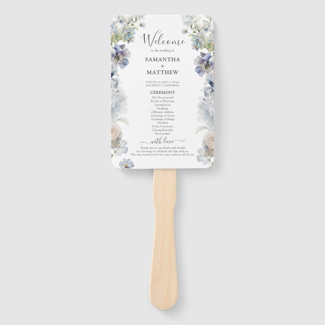 Elegant Dusty Blue Floral Wedding Program Hand Fan Fächer (Vorderseite)