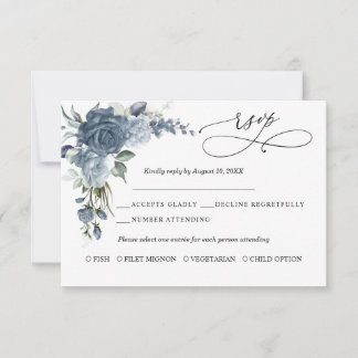 Elegant Dusty Blue Floral Wedding Response Card RSVP Karte