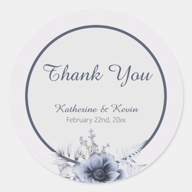 Elegant Dusty Blue Floral Wedding Runder Aufkleber (Vorderseite)