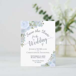 Elegant Dusty Blue Floral Wedding Save the Date Ankündigungspostkarte