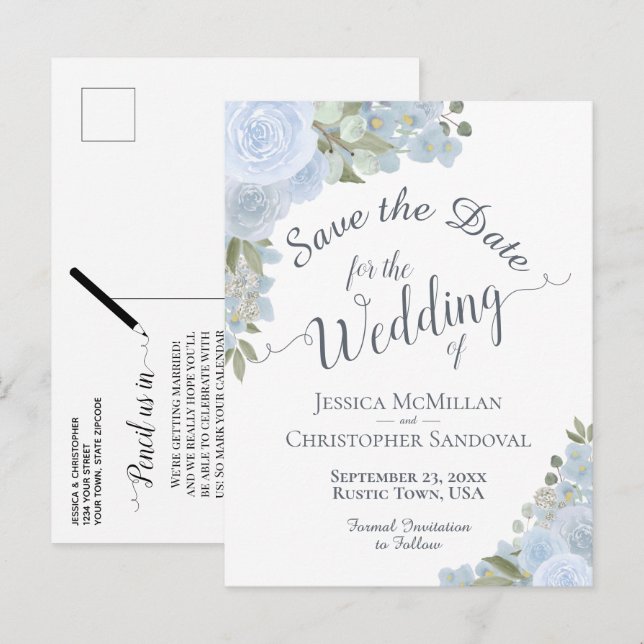 Elegant Dusty Blue Floral Wedding Save the Date Ankündigungspostkarte (Vorne/Hinten)