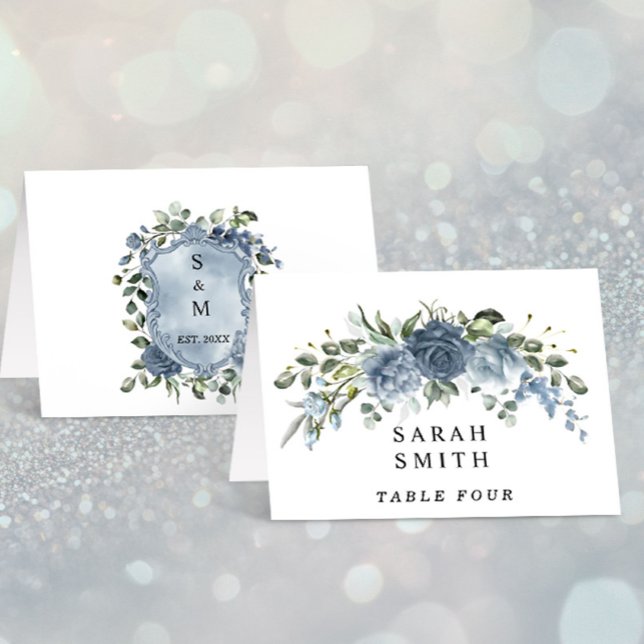 Elegant Dusty Blue Floral Wedding Table Place Card Tischnummer (Von Creator hochgeladen)