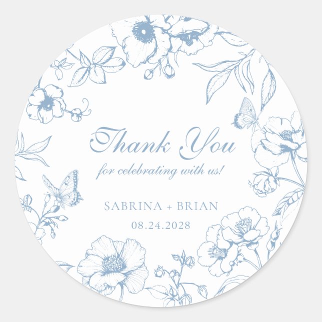 Elegant Dusty Blue Floral Wedding Thank You Runder Aufkleber (Vorderseite)