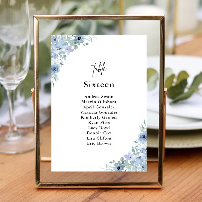 Elegant Dusty Blue Floral Wedding Tischnummer (Elegant dusty blue floral table number helps guests find their table with refined charm)