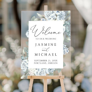 Elegant Dusty Blue Floral Wedding Willkommen Acrylschild