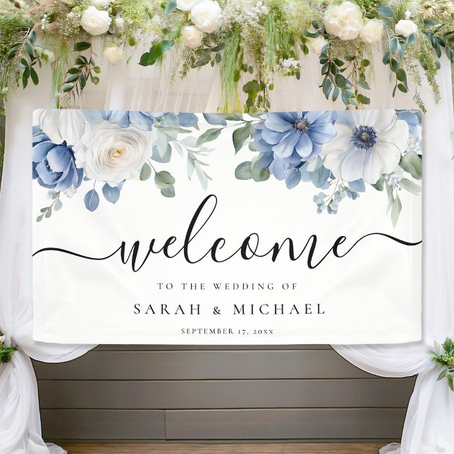 Elegant Dusty Blue Floral Wedding Willkommen Banner (Von Creator hochgeladen)