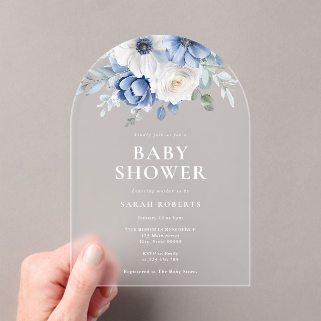 Elegant Dusty Blue Floral Winter Baby Shower Acryleinladungen (Insitu (Handheld))