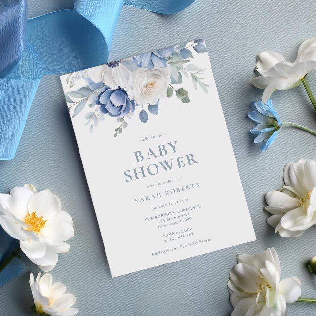 Elegant Dusty Blue Floral Winter Baby Shower Einladung (Von Creator hochgeladen)