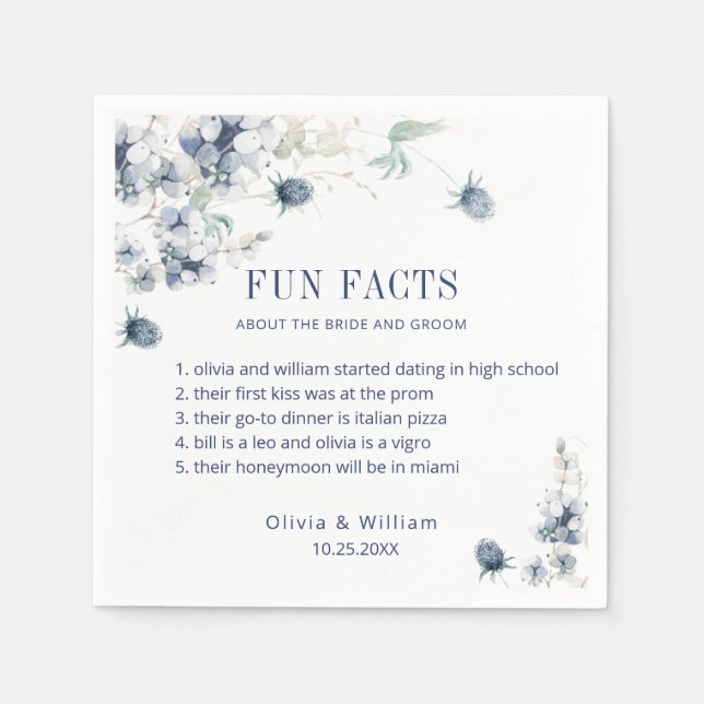 Elegant Dusty Blue Floral Winter Wedding FUN FACTS Serviette (Vorderseite)