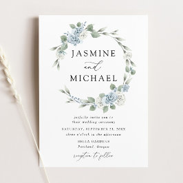 Elegant Dusty Blue Floral Wreath Wedding Einladung