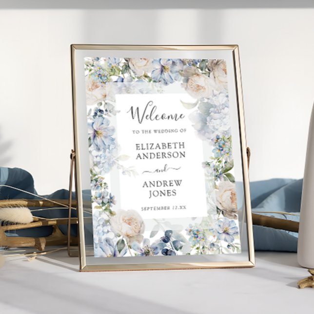 Elegant Dusty Blue Flowers Garden Wedding Willkomm Poster (Von Creator hochgeladen)