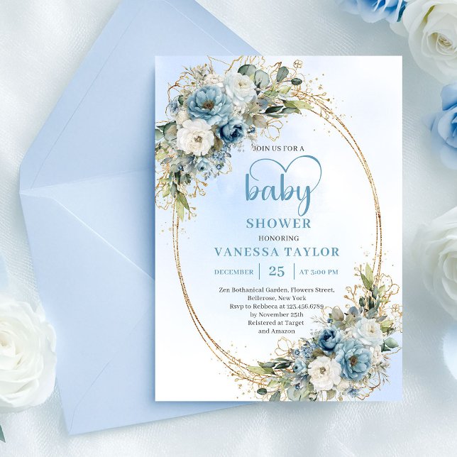 Elegant Dusty Blue Flowers Gold Baby Shower Invite Einladung (Elegant Dusty Blue Flowers Gold Baby Shower Invite

)