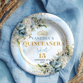 Elegant Dusty Blue Flowers Gold Name Quince Plates Pappteller