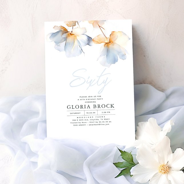 Elegant Dusty Blue Flowers Minimalistisch Geburtst Einladung (Dusty Blue Floral Birthday Invitations)
