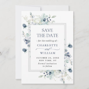 Elegant Dusty Blue Foliage Wedding Save the Date