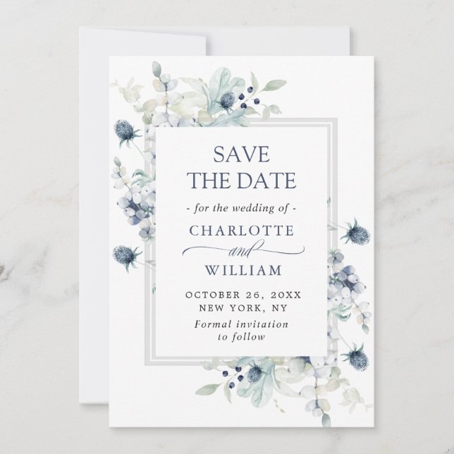 Elegant Dusty Blue Foliage Wedding Save the Date (Vorderseite)