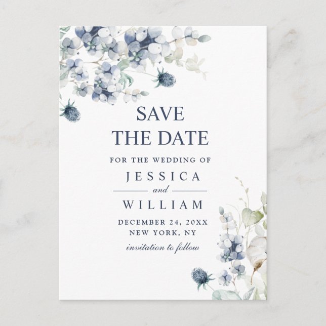 Elegant Dusty Blue Foliage Wedding Save the Date Postkarte (Vorderseite)
