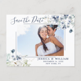 Elegant Dusty Blue Foliage Wedding Save the Date Postkarte