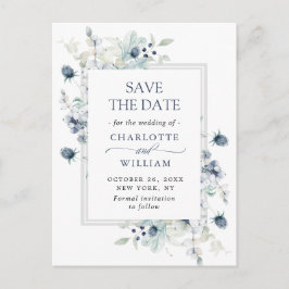 Elegant Dusty Blue Foliage Wedding Save the Date Postkarte