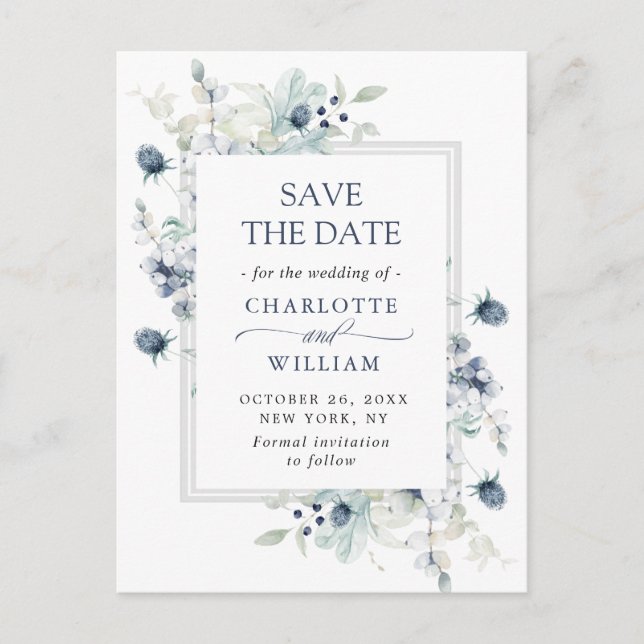 Elegant Dusty Blue Foliage Wedding Save the Date Postkarte (Vorderseite)