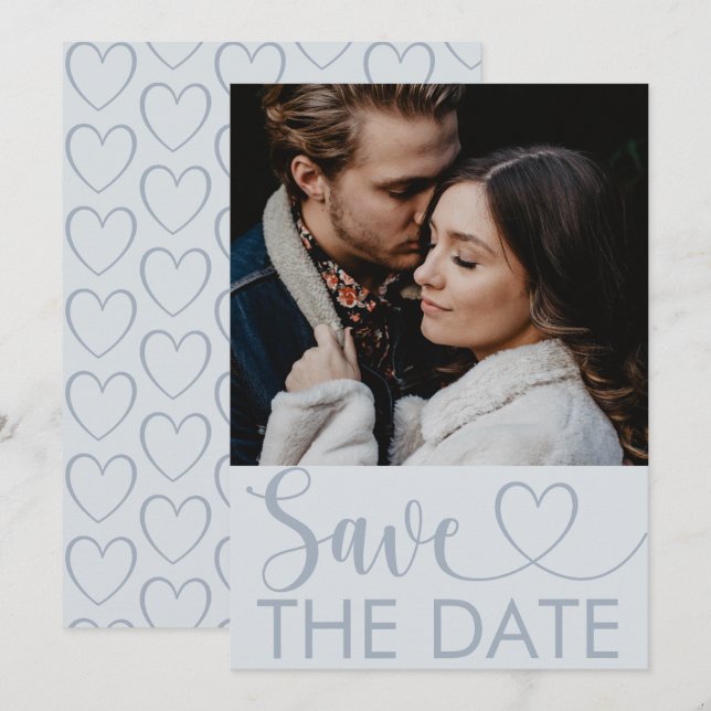 Elegant Dusty Blue Foto & Herz Save the Date (Vorne/Hinten)