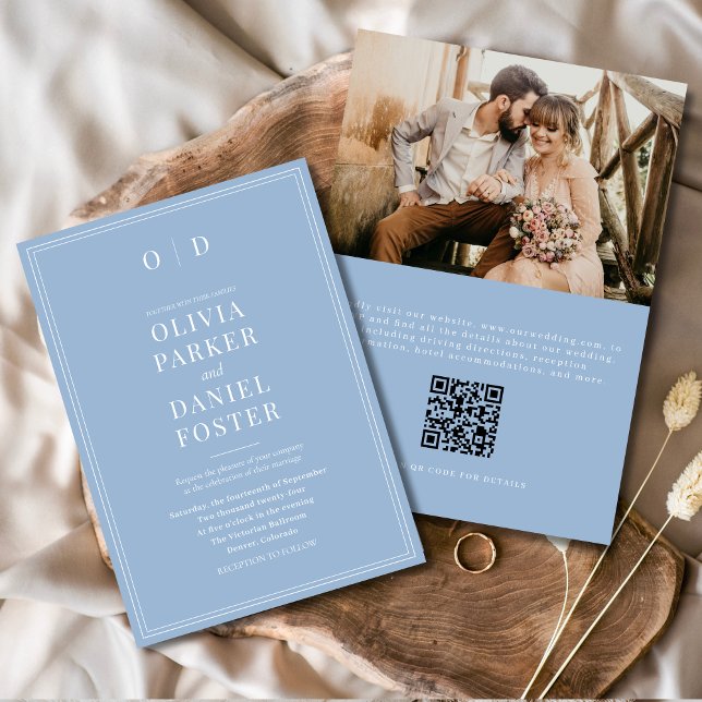 Elegant Dusty Blue Foto QR Code Wedding Einladung (Von Creator hochgeladen)