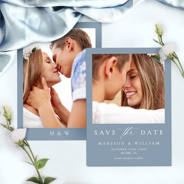 Elegant Dusty Blue Foto Wedding Save the Date (Von Creator hochgeladen)