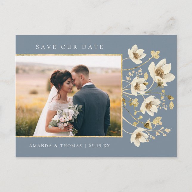 Elegant Dusty Blue Foto Wedding Save the Date Ankündigungspostkarte (Vorderseite)