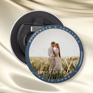 Elegant Dusty Blue Foto Wedding Save the Date Flaschenöffner