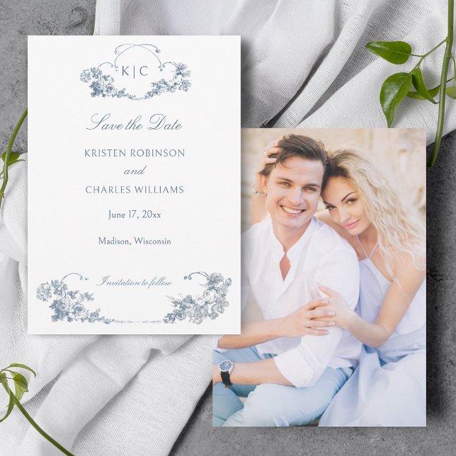 Elegant Dusty Blue French Floral Save the Date (Von Creator hochgeladen)