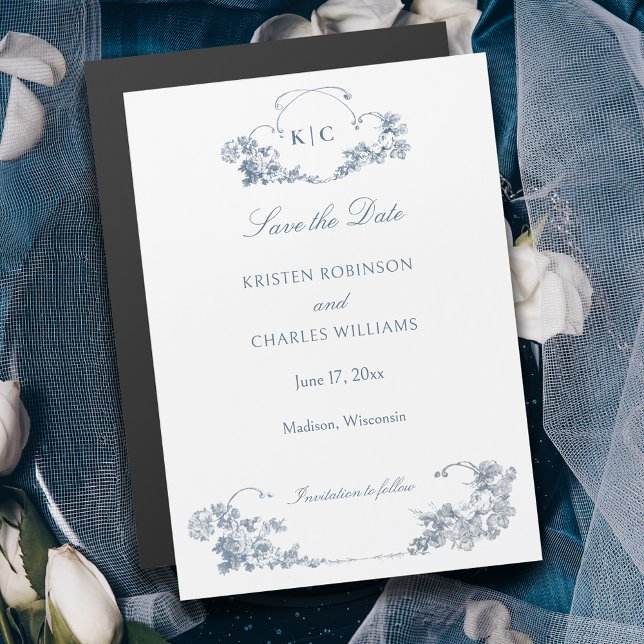 Elegant Dusty Blue French Floral Save the Date Magneteinladung (Von Creator hochgeladen)