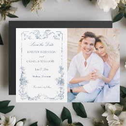 Elegant Dusty Blue French Floral Save the Date Magneteinladung