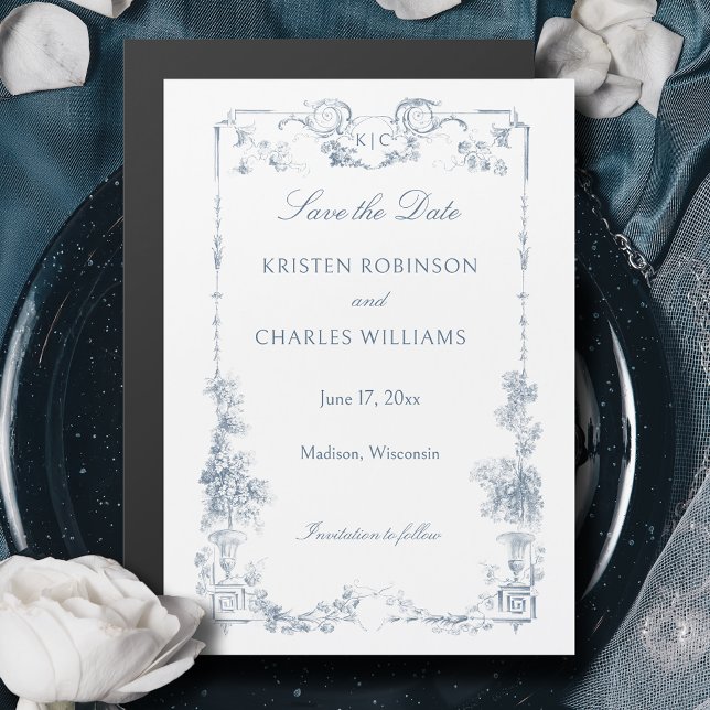 Elegant Dusty Blue French Floral Save the Date Magneteinladung (Von Creator hochgeladen)