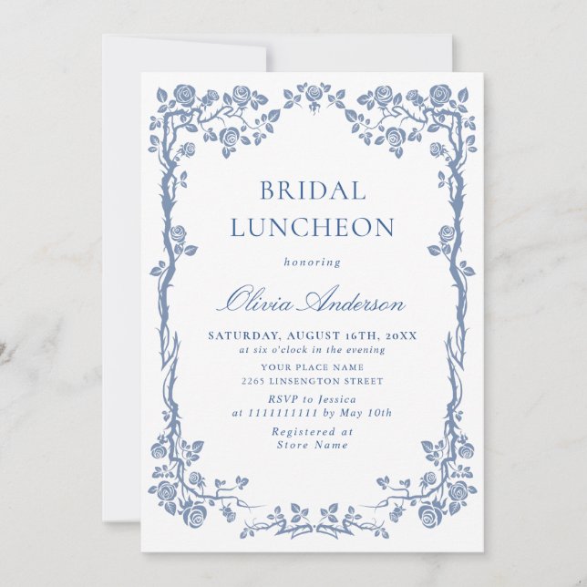 Elegant Dusty Blue French Garden BRIDAL LUNCHEON Einladung (Vorderseite)