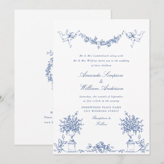 Elegant Dusty Blue French Garden Floral Wedding Einladung (Vorne/Hinten)