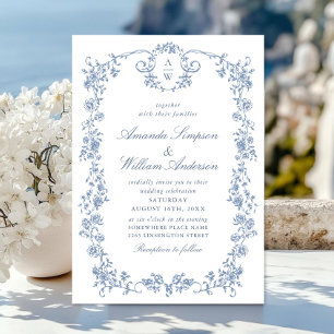 Elegant Dusty Blue French Garden Floral Wedding Einladung