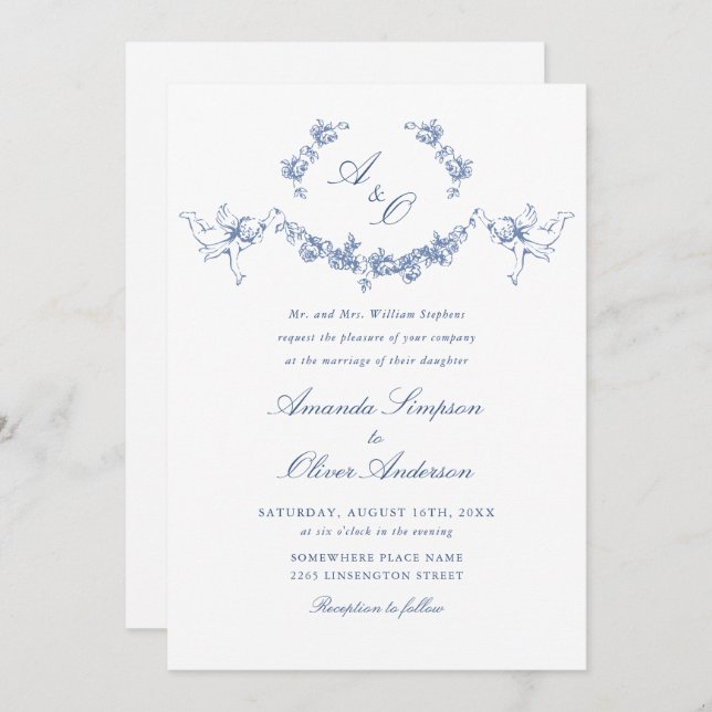 Elegant Dusty Blue French Garden Floral Wedding Einladung (Vorne/Hinten)