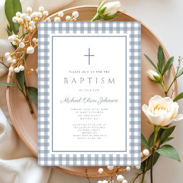 Elegant Dusty Blue Gingham Boy Baptism Einladung