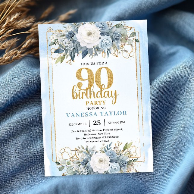 Elegant Dusty Blue Gold 90th Birthday Party Invite Einladung (Elegant Dusty Blue Gold 90th Birthday Party Invite)