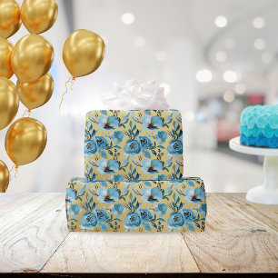 Elegant Dusty Blue Gold Floral Geschenkpapier