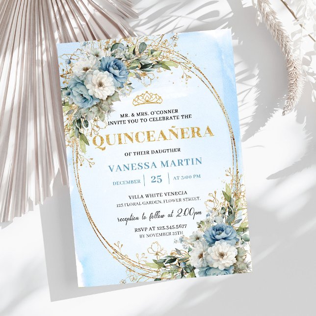 Elegant Dusty Blue Gold Greenery Quinceañera  Einladung (Elegant Dusty Blue Gold Greenery Quinceañera Invite)