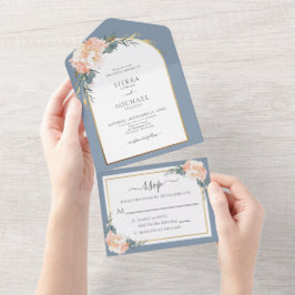 Elegant Dusty Blue Gold Peach Cream Floral Wedding All In One Einladung