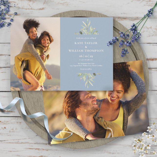 Elegant Dusty Blue Greenerity Fotos Hochzeit Einladung (Elegant Dusty Blue Greenery Photos Wedding Invitation)