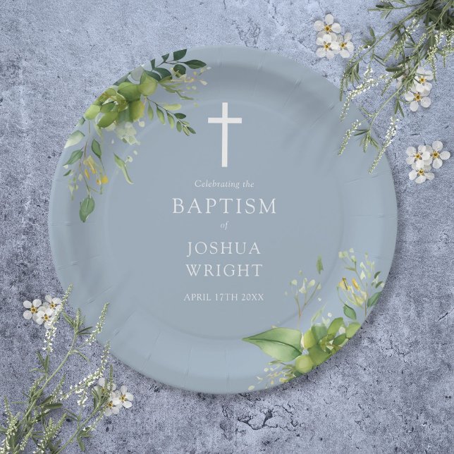 Elegant Dusty Blue Greenerity Taufe Christening Pappteller (Elegant Dusty Blue Greenery Baptism Christening Paper Plates)