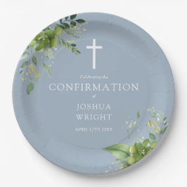 Elegant Dusty Blue Greenery Bestätigung Pappteller