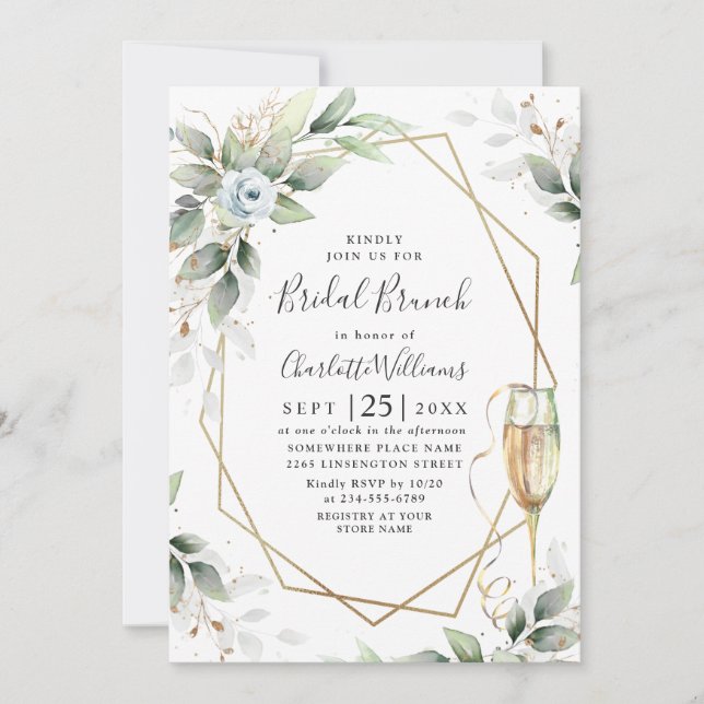 Elegant Dusty Blue Greenery Bridal Brunch Einladun Einladung (Vorderseite)